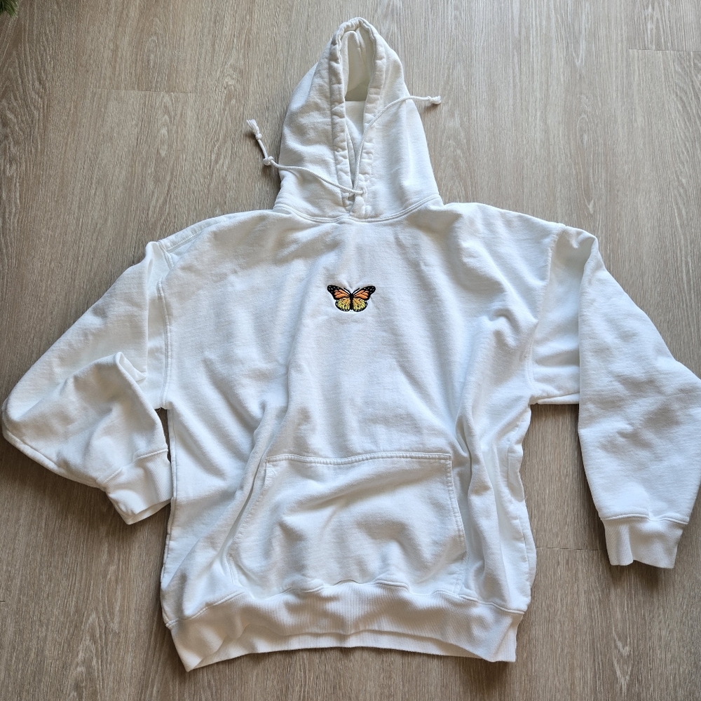 Brandy Melville White Hoodie with Butterfly Patch Size Large